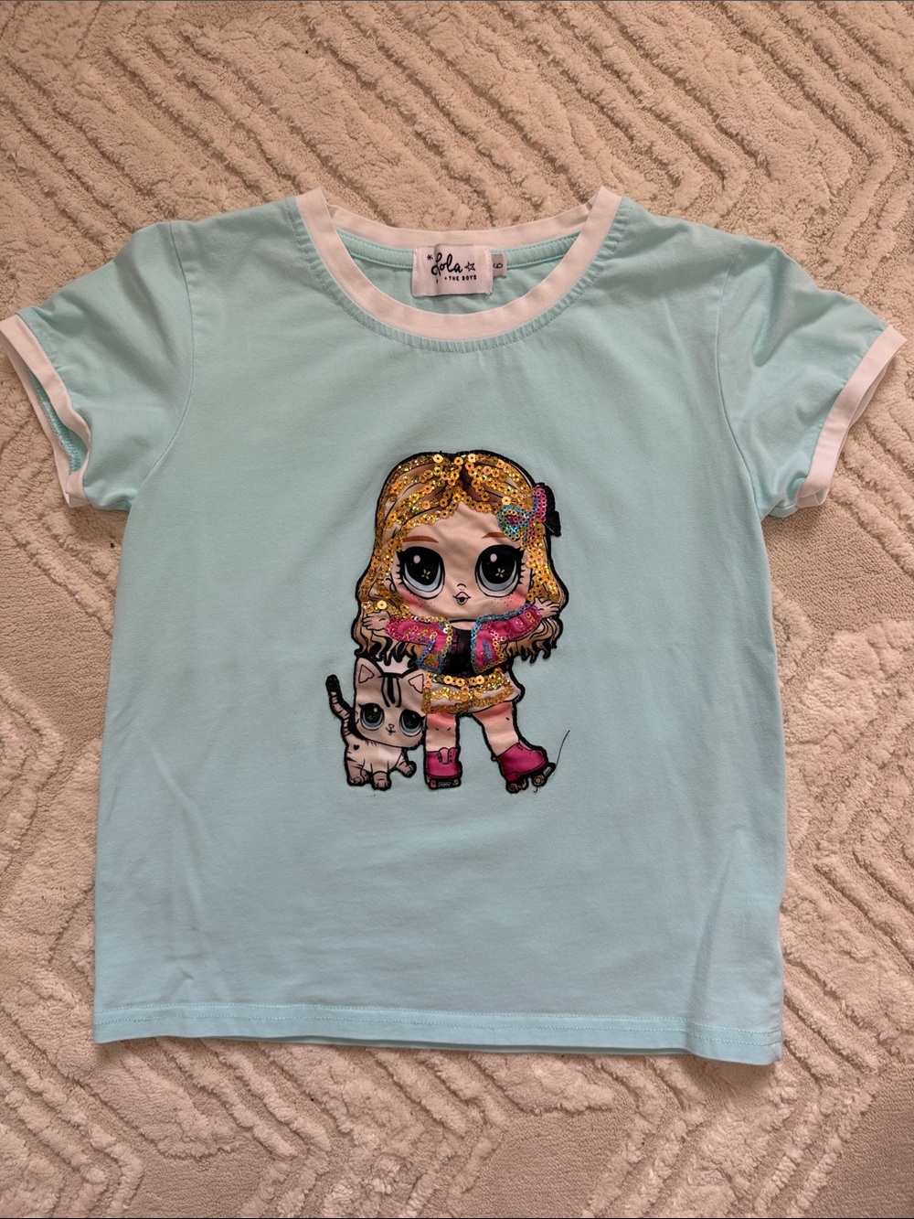 Lola + The Boys Light Blue Short Sleeve Tee with Sequin Doll Graphic